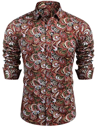 Coofandy Herren Paisley Baumwolle Langarm Hemd Blumendruck Casual Retro Button Down Hemd, Muster 1, L von COOFANDY