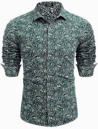 COOFANDY Herren Paisley Baumwolle Langarm Hemd Blumendruck Casual Retro Button Down Hemd, Muster 7, L von COOFANDY