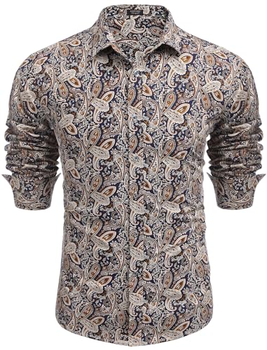 COOFANDY Herren Paisley Baumwolle Langarm Hemd Blumendruck Casual Retro Button Down Hemd, Muster 9, L von COOFANDY