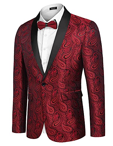 COOFANDY Herren Paisley Dinnerjacken Blazer Regular Fit Smoking Retro Jacke Smart Coat Ein-Knopf-Anzug Revers Party Rot S, A Rot, S von COOFANDY