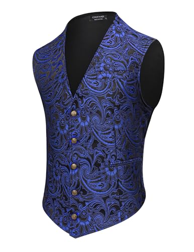 COOFANDY Herren Paisley Westen Viktorianische Steampunk Gothic Anzugweste Slim Fit V-Ausschnitt Smoking Weste, Blau, Large von COOFANDY