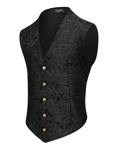 COOFANDY Herren Paisley Westen Viktorianische Steampunk Gothic Anzugweste Slim Fit V-Ausschnitt Smoking Weste, Schwarz, Medium von COOFANDY