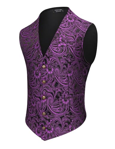COOFANDY Herren Paisley Westen Viktorianische Steampunk Gothic Anzugweste Slim Fit V-Ausschnitt Smoking Weste, Violett, Medium von COOFANDY