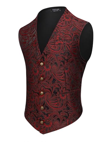 COOFANDY Herren Paisley Westen Viktorianische Steampunk Gothic Anzugweste Slim Fit V-Ausschnitt Smoking Weste, Weinrot, X-Large von COOFANDY