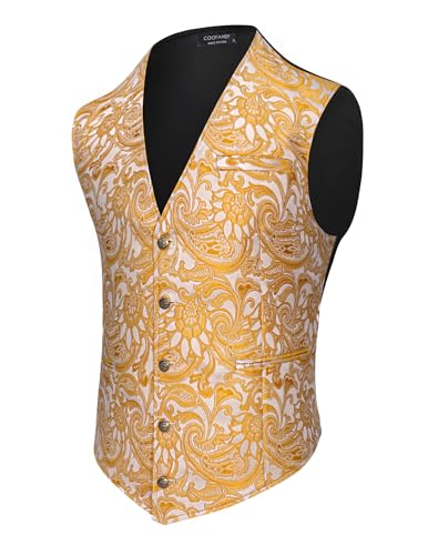 COOFANDY Herren Paisley Westen Viktorianischen Steampunk Gothic Anzug Weste Slim Fit V-Ausschnitt Smoking Weste, Gold, Large von COOFANDY