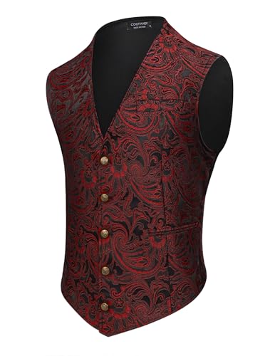 COOFANDY Herren Paisley Westen Viktorianischen Steampunk Gothic Anzug Weste Slim Fit V-Ausschnitt Smoking Weste, Weinrot, Large von COOFANDY