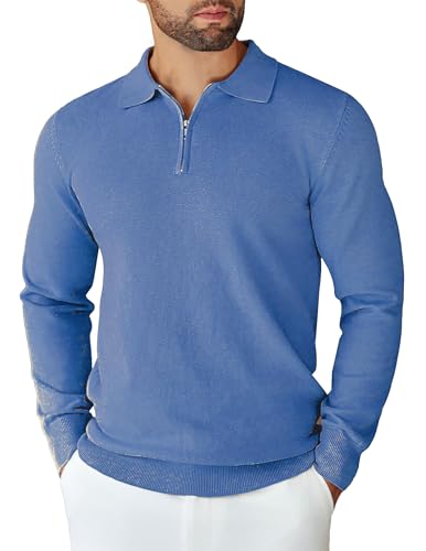 COOFANDY Herren Polo Pullover Half Zip Strickpullover Arbeitspullover Männer Winterpullover Basic Pullover Regular Fit Pulli Poloshirt Stahlblau L von COOFANDY