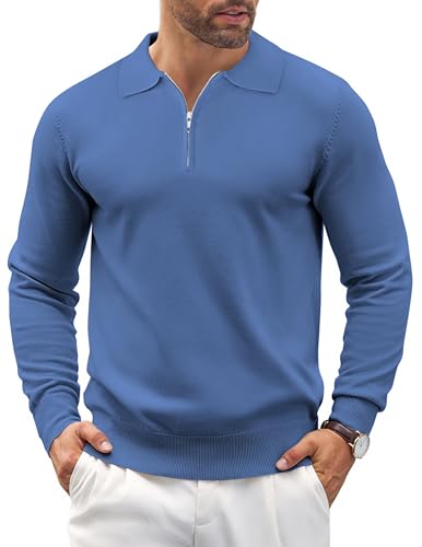 COOFANDY Herren Polo Pullover Half Zip Strickpullover Arbeitspullover Männer Winterpullover Basic Pullover Regular Fit Pulli Poloshirt Stahlblau XXL von COOFANDY