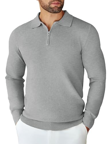 COOFANDY Herren Polo Pullover Half Zip Strickpullover Reißverschluss Männer Sweatshirt Basic Arbeitspullover Gestrick Pulli Hellgrau L von COOFANDY