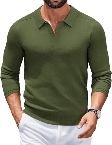 COOFANDY Herren Polo Pullover Strickpullover Poloshirt Herrenpullover Langarm Polohemd Pulli Polokragen Pullover Business Winterpullover mit Hemdkragen Sweater Sweatshirt Armeegrün S von COOFANDY