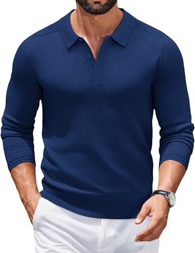 COOFANDY Herren Polo Pullover Strickpullover Poloshirt Herrenpullover Langarm Polohemd Pulli Polokragen Pullover Business Winterpullover mit Hemdkragen Sweater Sweatshirt Navy Blau XXL von COOFANDY