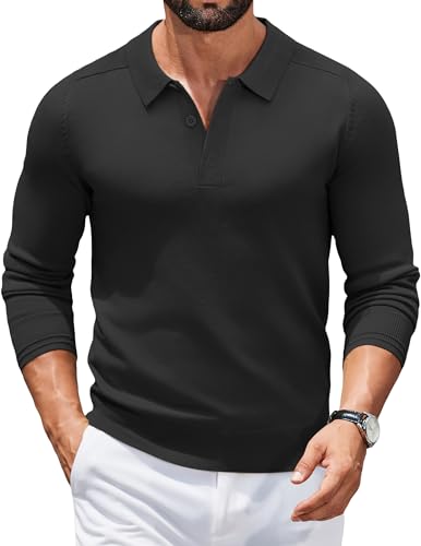 COOFANDY Herren Polo Pullover Strickpullover Strick Poloshirt Langarm Business Pullover mit Polokragen Winterpullover Strick Polo Pulli Dünne Sweater Golf Schwarz L von COOFANDY