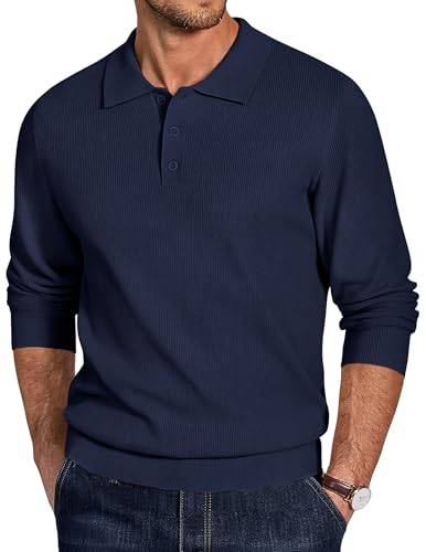 COOFANDY Pullover Herren Polo Strickpullover Langarm Poloshirt Männer Basic Pulli Casual Business Sweater Blau-Lila XL von COOFANDY