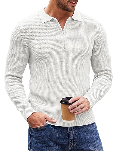 COOFANDY Herren Polo-Pullover mit Viertelreißverschluss und langen Ärmeln, Freizeitkleid, schmale Passform, Weiss/opulenter Garten, Groß von COOFANDY