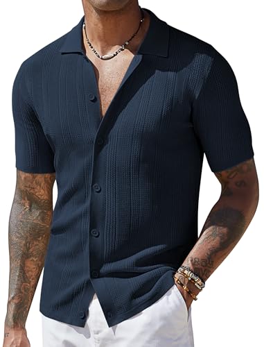 COOFANDY Herren-Poloshirt, kurzärmelig, lässig, Knopfleiste, modisch, Sommer, Strand, Tops, Marineblau, L von COOFANDY