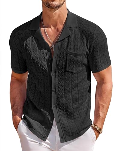 COOFANDY Herren-Polo-Shirt, gestrickt, Knopfleiste, kurzärmelig, Vintage-Polo-Shirt, Sommer, lässig, Strand, Schwarz, XL von COOFANDY