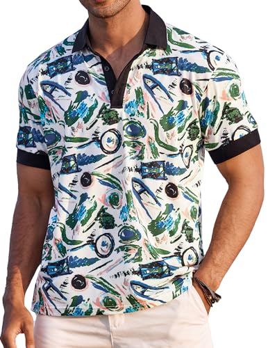 COOFANDY Herren-Polo-Shirt, lässig, kurzärmelig, schmale Passform, Paisleymuster, Blumendruck, Weiss/opulenter Garten, L von COOFANDY