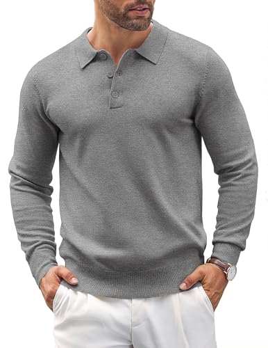 COOFANDY Herren Polo Strickpullover Poloshirt Langarm Feinstrickpullover mit Polokragen Business Pullover Männer Winterpullover Einfarbig Grau XXL von COOFANDY