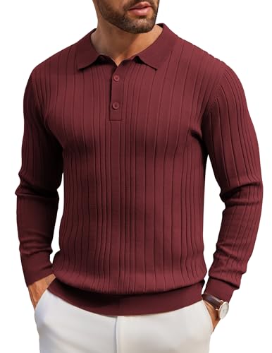 COOFANDY Herren Polo Strickpullover Regular Fit Langen Ärmeln Feinstrick Poloshirt Freizeit Pulli mit Schmale und Breite Streifen Weinrot XXL von COOFANDY