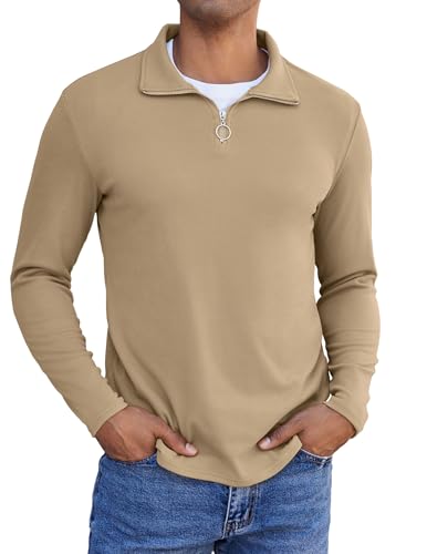COOFANDY Herren Sweatshirt Ohne Kapuze Half Zip Pullover Troyer Poloshirt Langarm Longsleeve Mit Reißverschluss Khaki S von COOFANDY
