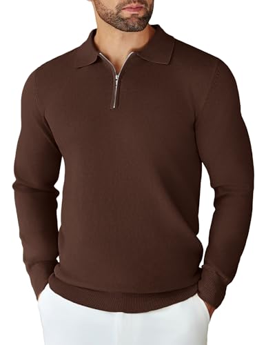 COOFANDY Herren Polo Zip Pullover Strickpullover Business Winterpullover Männer Einfarbig Pulli Langarm Poloshirt Braun L COOFANDY Herren Polo Zip Pullover Strickpullover Business Winterpullover Männer Einfarbig Pulli Langarm Poloshirt Braun L von COOFANDY