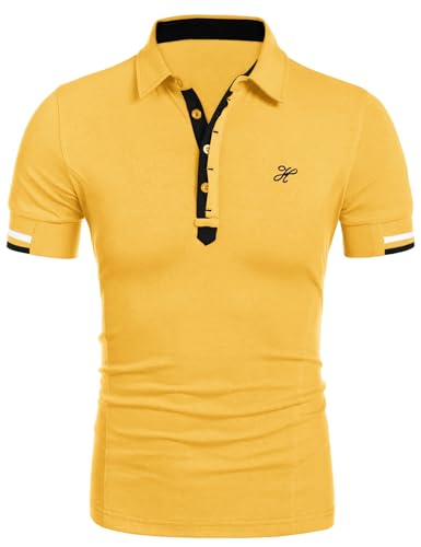 COOFANDY Herren Polohemd gestickt Golf Shirts Kurzarm T-Shirt Polokragen Hemd gestreiftes Polo Männer Hemden Alpha Shirt (Yellow XL) von COOFANDY