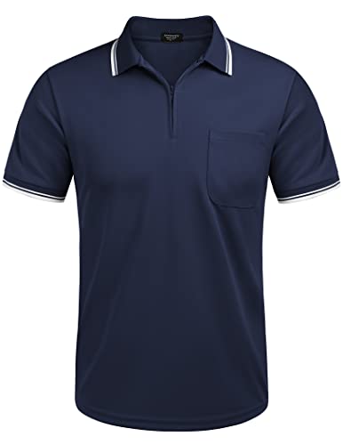 COOFANDY Herren Poloshirt Kurzarm Reißverschluss Einfarbig Umlegekragen Polohemd Sommer Basic mit Brusttasche Sportstil Navy blau M von COOFANDY