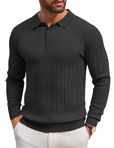 COOFANDY Herren Polokragen Pullover Feinstrick Schmale und Breite Streifen Langarm Strickpullover Basic Einfarbig Poloshirt Männer Pulli Schwarz L von COOFANDY