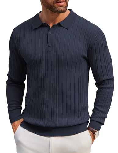 COOFANDY Herren Polokragen Pullover Langarm Business Strickpullover Einfarbig Basic Polohemd Männer Schmale Streifen Pullover Dunkelblau 3XL von COOFANDY