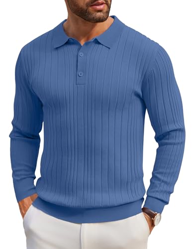 COOFANDY Herren Polokragen Pullover Langarm Business Strickpullover Einfarbig Basic Polohemd Männer Schmale Streifen Pullover Royalblau L von COOFANDY