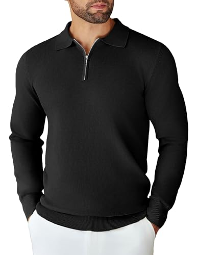 COOFANDY Herren Polokragen Pullover Zip Polo Pullover Basic Strickpullover Sweater Arbeitspullover Poloshirt Pulli Schwarz M von COOFANDY