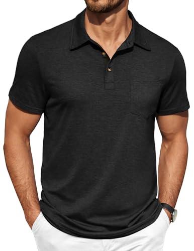 COOFANDY Herren-Poloshirt, kurzärmelig, lässig, Sommerkragen, Kleid, Knopf, Polo-T-Shirt, klassische Golf-Shirts, Schwarz, XL von COOFANDY