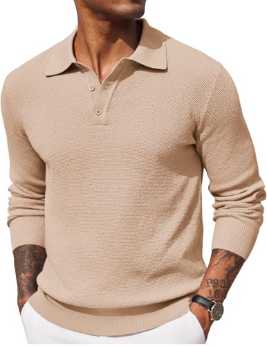 COOFANDY Herren-Poloshirt, langärmelig, lässig, Waffelstruktur, Kragen, Beige, L von COOFANDY