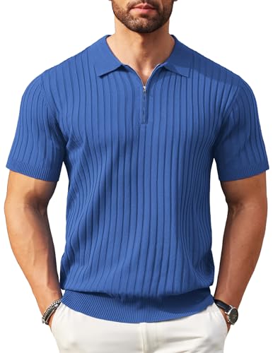 COOFANDY Herren-Poloshirt, schmale Passform, kurzärmelig, schmale Passform, einfarbig, gerippt, weich, Blau, XL von COOFANDY