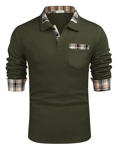 COOFANDY Herren Poloshirt Casual Langarm Plaid Kragen mit Taschen, Deep Army Green, Groß von COOFANDY