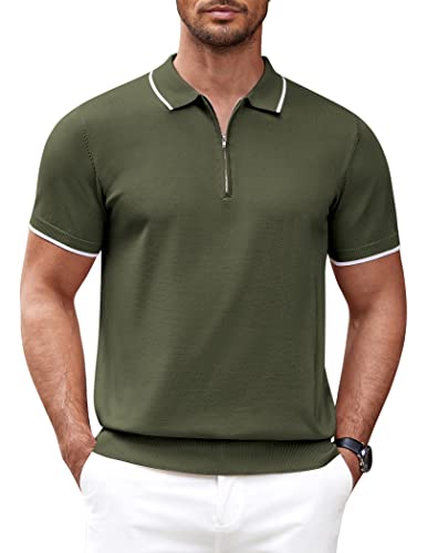 COOFANDY Herren Poloshirt Kurzarm Golf Tennis Sport Polo T-Shirt Sommer Freizeit Polohemd mit Reissverschluss Armeegrün L von COOFANDY