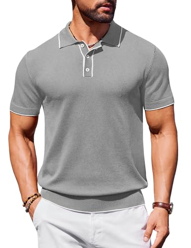 COOFANDY Poloshirt Herren Strick Sommer Polo Shirt Kurzarm Männer Polohemd Einfarbig Regular Fit Hellgrau XXL von COOFANDY