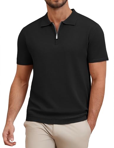 COOFANDY Herren Poloshirt Kurzarm Zip Polo Reißverschluss Sommer EIS Strick Polo T-Shirts Golf Shirt Schwarz S von COOFANDY