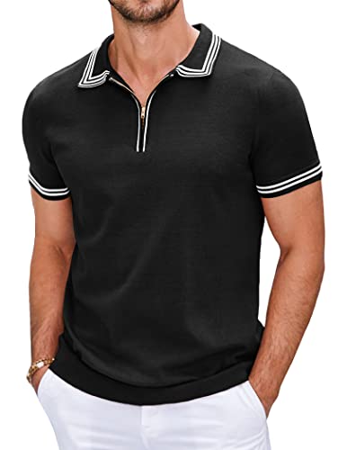 COOFANDY Herren Poloshirt Kurzarm mit Reißverschluss Slim Fit V-Ausschnitt gestrickte Umlegekragen Casual Polohemd für Männer Schwarz L von COOFANDY