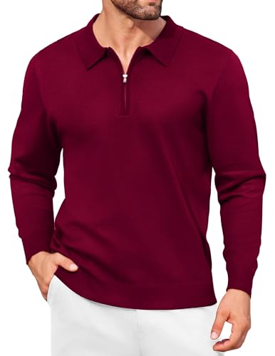 COOFANDY Herren Poloshirt Langarm 1/4 Zip Pullover mit Hemdkragen Slim Fit Business Elegant Sweater Rot S von COOFANDY