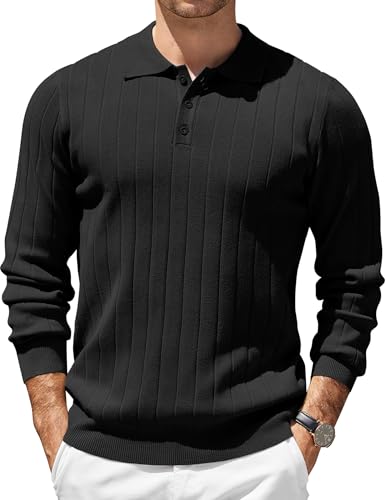 COOFANDY Herren Poloshirt Langarm Business Pullover Mit Polokragen Regular Fit Casual Strickpullover Schwarz XXL von COOFANDY