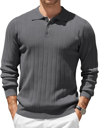 COOFANDY Herren Poloshirt Langarm Casual Pullover Mit Polokragen Feinstrick Regular Fit Dünner Strick Polo Winter Grau XXL von COOFANDY