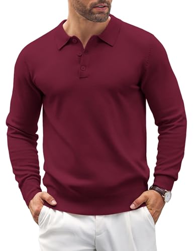 COOFANDY Herren Poloshirt Langarm Strickpullover Mit Polokragen Pullover Männer Polo Pullover Winterpullover Regular Fit Pulli Freizeit Weinrot XXL von COOFANDY