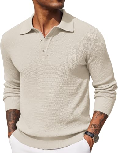 COOFANDY Herren Poloshirt Langarm Strickpullover Polo Pullover Männer Basic Pulli Beige 3XL von COOFANDY