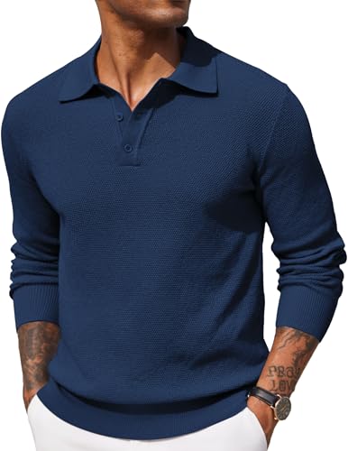 COOFANDY Herren Poloshirt Langarm Strickpullover Polo Pullover Männer Basic Pulli Dunkelblau XXL von COOFANDY