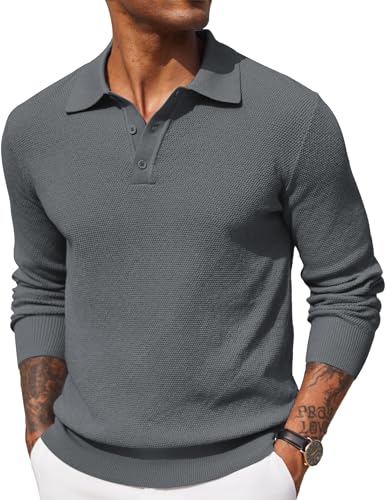 COOFANDY Herren Poloshirt Langarm Strickpullover Polo Pullover Männer Basic Pulli Grau XL von COOFANDY