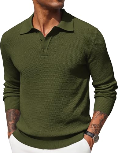 COOFANDY Herren Poloshirt Langarm Strickpullover Polo Pullover Männer Basic Pulli Grün S von COOFANDY