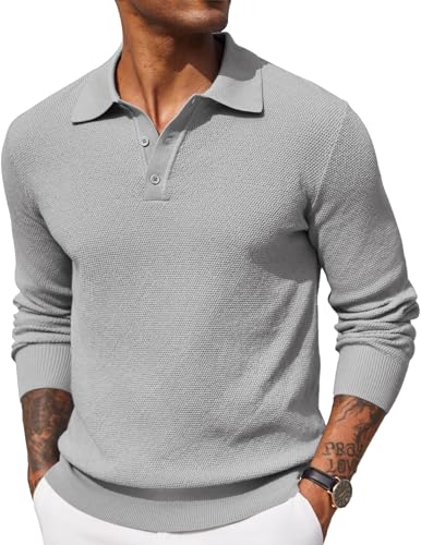 COOFANDY Herren Poloshirt Langarm Strickpullover Polo Pullover Männer Basic Pulli Hellgrau 3XL von COOFANDY