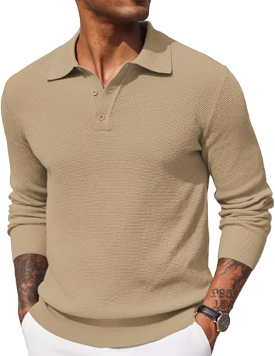 COOFANDY Herren Poloshirt Langarm Strickpullover Polo Pullover Männer Basic Pulli Khaki XL von COOFANDY