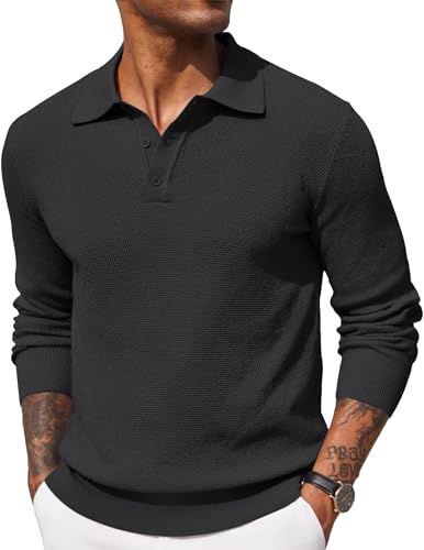 COOFANDY Herren Poloshirt Langarm Strickpullover Polo Pullover Männer Basic Pulli Schwarz XXL von COOFANDY